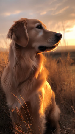 Golden retriever dog sitting in the field at sunset, profile viewの素材