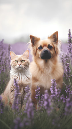 Cat and dog in lavender field. Pet and animal concept.の素材