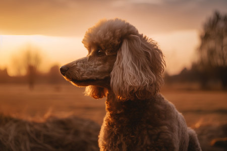 A portrait of a cute brown poodle dog in a field at sunset.の素材