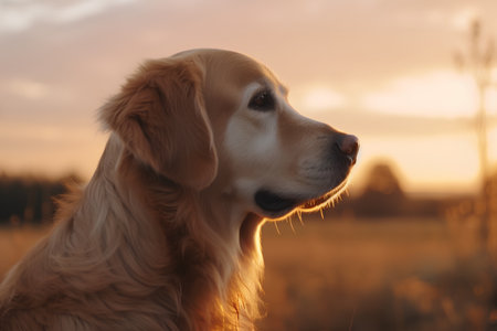 Golden Retriever dog at sunset in the field. Pet portraitの素材