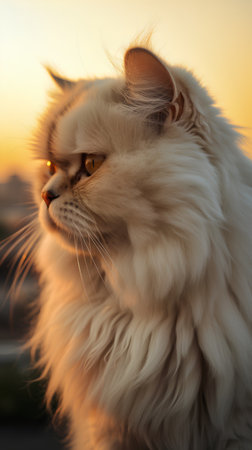 Portrait of a beautiful persian cat on the sunset background.の素材