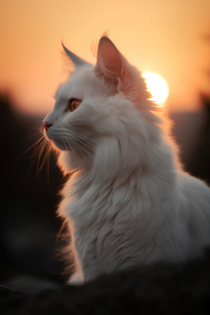 Portrait of beautiful white cat with orange eyes sitting on the sunset backgroundの素材