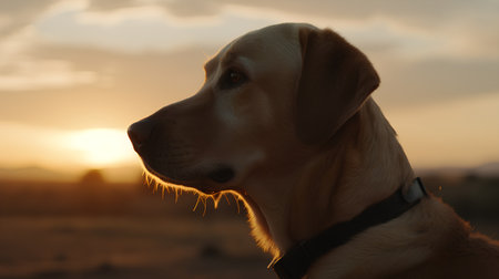 Labrador retriever dog on sunset background. Close-up portraitの素材