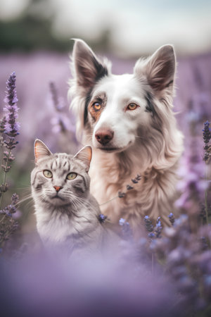 Border collie dog and cat in lavender field. Pet love concept.の素材