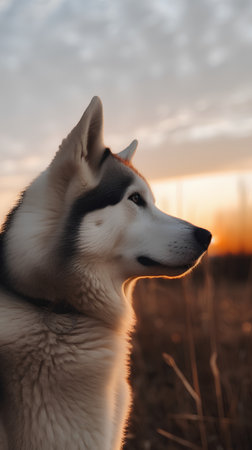Portrait of a beautiful siberian husky dog at sunsetの素材