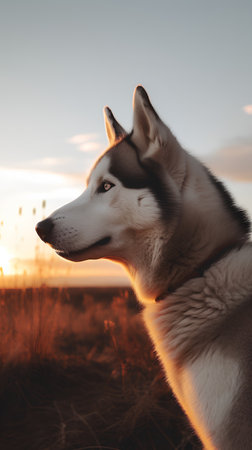 Siberian husky dog portrait at sunset. Beautiful pet.の素材