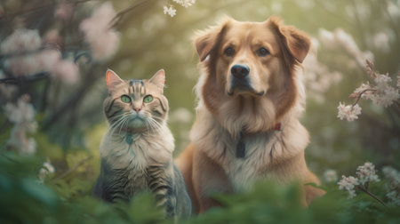 Cat and dog in the spring blooming garden. Pet care conceptの素材