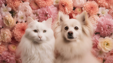Two cute white spitz dogs and a white cat on a floral backgroundの素材