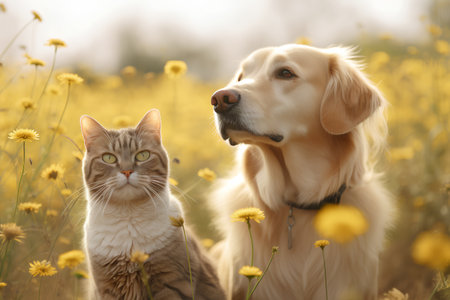 Golden retriever dog and cat in the yellow dandelion fieldの素材