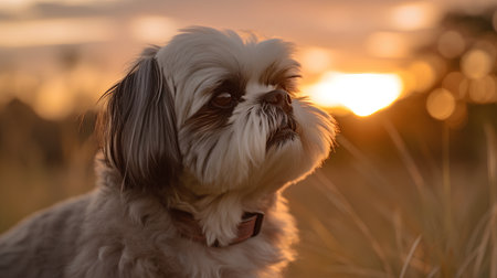 Shih Tzu dog portrait in sunset. Shih tzu is a breed of shih-tzu.の素材