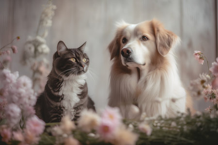 Cute dog and cat sitting together in flowers on wooden background.の素材