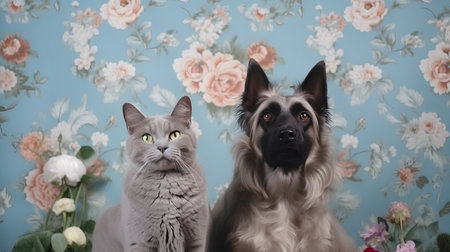 Portrait of a beautiful cat and a dog on a floral backgroundの素材