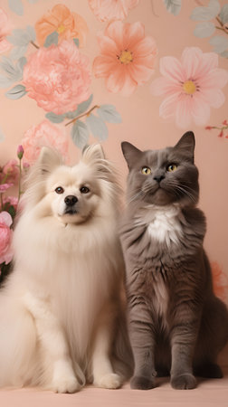 Two cats and a spitz on a pink background with flowers.の素材