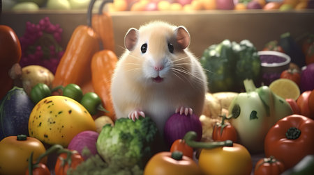 Hamster on a background of vegetables and fruits in a grocery storeの素材