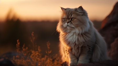 Persian cat sitting on a rock at sunset. Beautiful pet.の素材