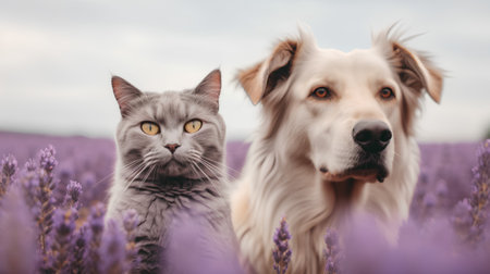 Cute dog and cat in lavender field. Pet and animalの素材