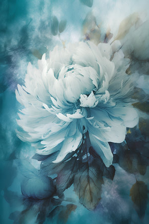 Blue peony flower on abstract watercolor background. Floral card.の素材
