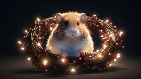 Hamster with christmas garland on dark background. 3d renderingの素材