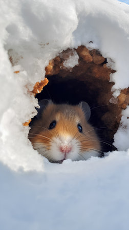 Hamster in a hole in the snow. Close-up.の素材