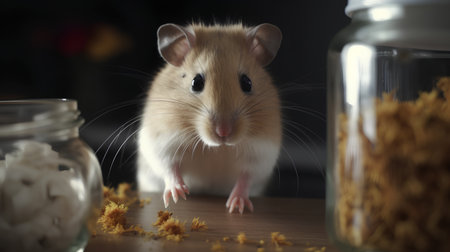 Hamster with a jar of cereals on a black background.の素材