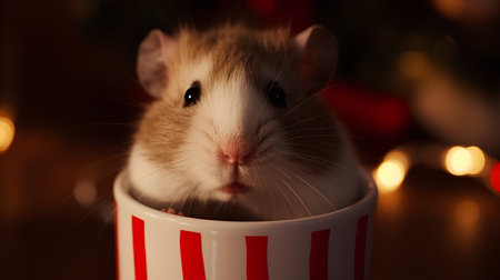 Hamster in cup with christmas lights on background, closeupの素材