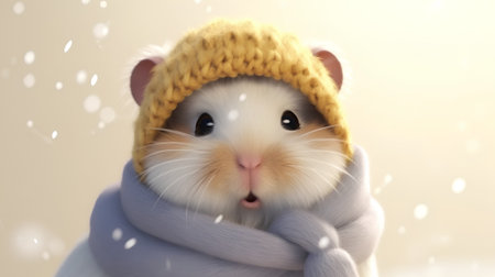 Cute hamster in a warm hat and scarf on a snowy backgroundの素材