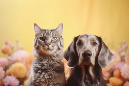 Cat and dog together on a yellow background. Pet care concept.の素材
