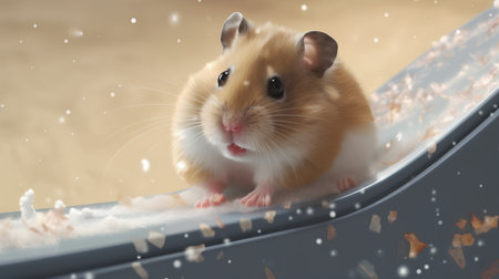 Hamster on a slide in the snowfall. 3d illustrationの素材