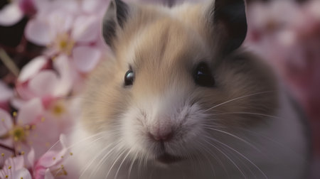 Hamster and cherry blossoms in spring time, close up.の素材