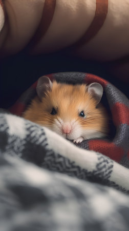 Hamster in a warm scarf on the bed. Close-up.の素材