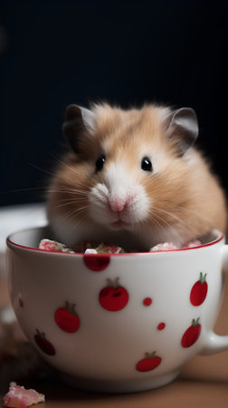 Hamster in a bowl with sweet candies on a dark backgroundの素材