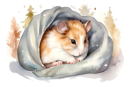 Cute hamster in a blanket. Watercolor hand drawn illustrationの素材
