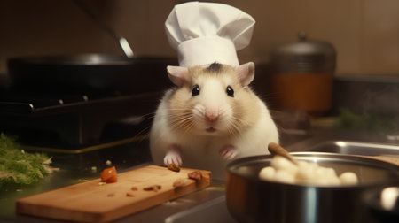 Hamster in chef's hat with a wooden board on a kitchenの素材