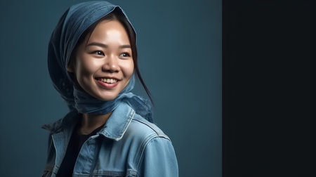 portrait of a beautiful asian woman wearing jean jacket and scarfの素材