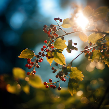 Red viburnum berries on a branch in the rays of the sunの素材
