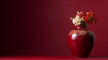 Red vase with flowers on a red background. Copy space.の素材