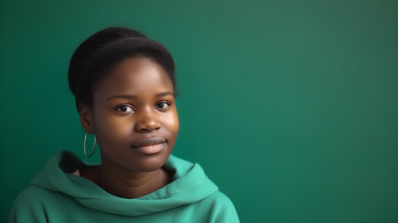 African american little girl in a green hoodie on a green backgroundの素材