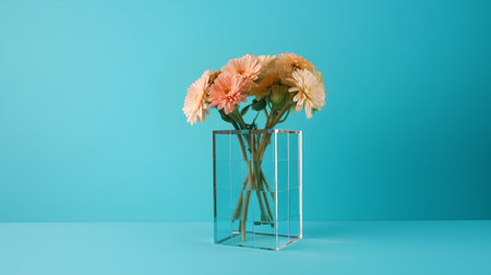 Bouquet of gerbera flowers in glass vase on turquoise backgroundの素材