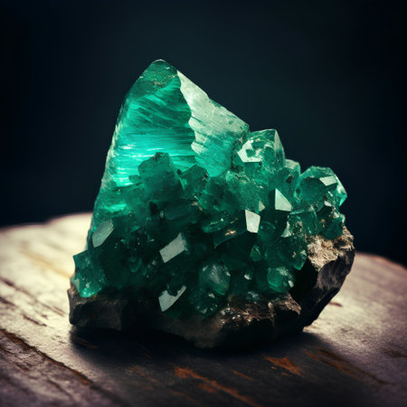 Emerald stone on a wooden background. Macro. Selective focus.の素材
