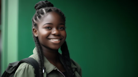 Portrait of a young african american woman with backpack against green backgroundの素材