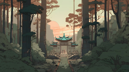Landscape of a temple in the forest at sunset. Vector illustrationの素材