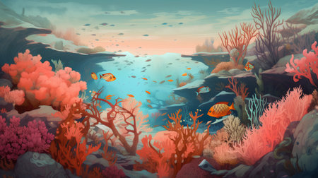 Underwater landscape with coral reef, fish and seaweed. Vector illustration.の素材