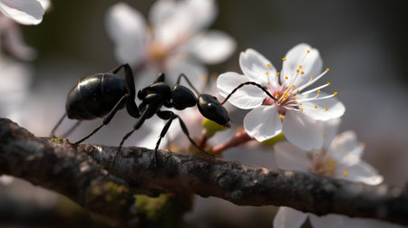 Black ant on a branch of a blossoming apricot treeの素材