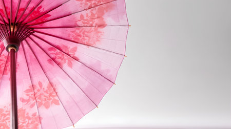 Pink Japanese umbrella on a white background. Copy space for text.の素材