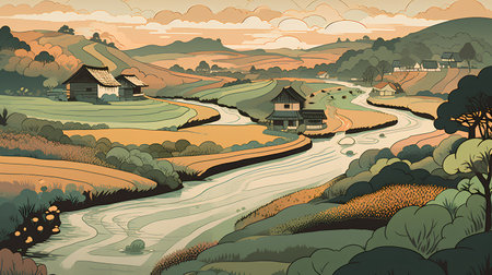 Landscape with river and village. Vector illustration in cartoon style.の素材