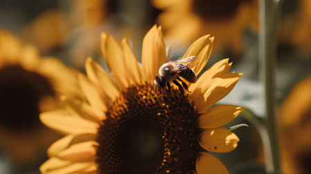 Bee on a sunflower in the sunflower field. Selective focus.の素材