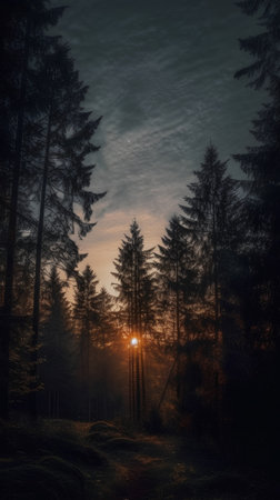 Foggy sunrise in the winter forest. Landscape with coniferous treesの素材
