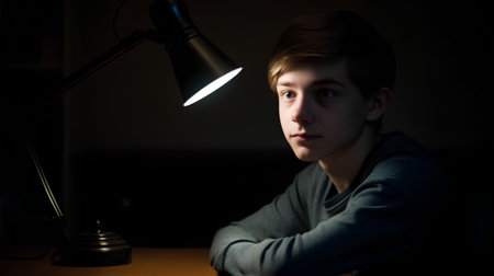 Sad schoolboy sitting at the table in dark room and looking at cameraの素材