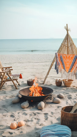 Camping on the beach near the sea. Summer vacation concept.の素材