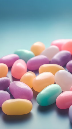 Colorful jelly beans on blue background, soft focus, shallow DOFの素材